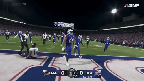 Buffalo players celebrating in the end zone in the Kincaid reaction GIF posted by Haters Gonna Hate