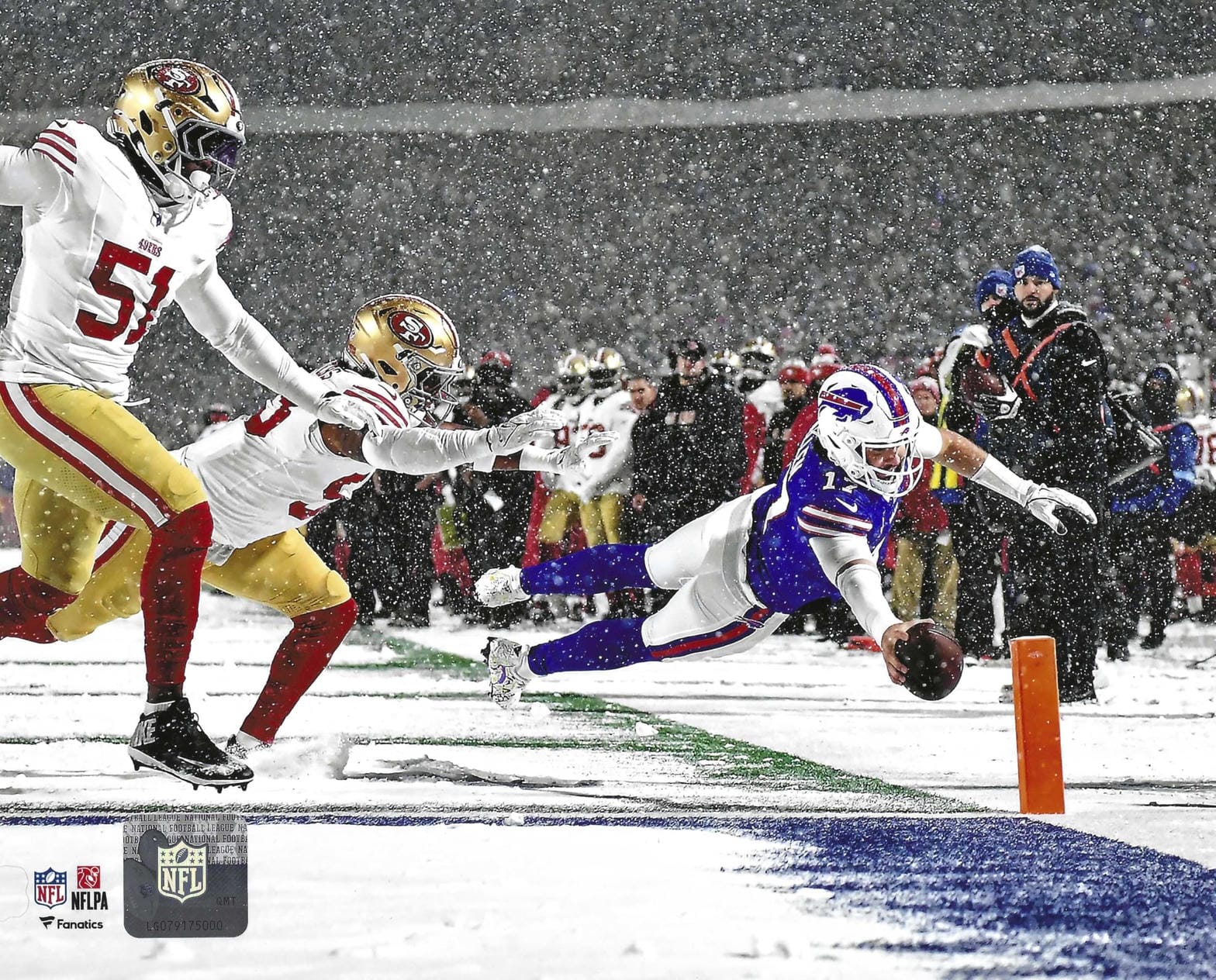 Josh Allen diving in the snow