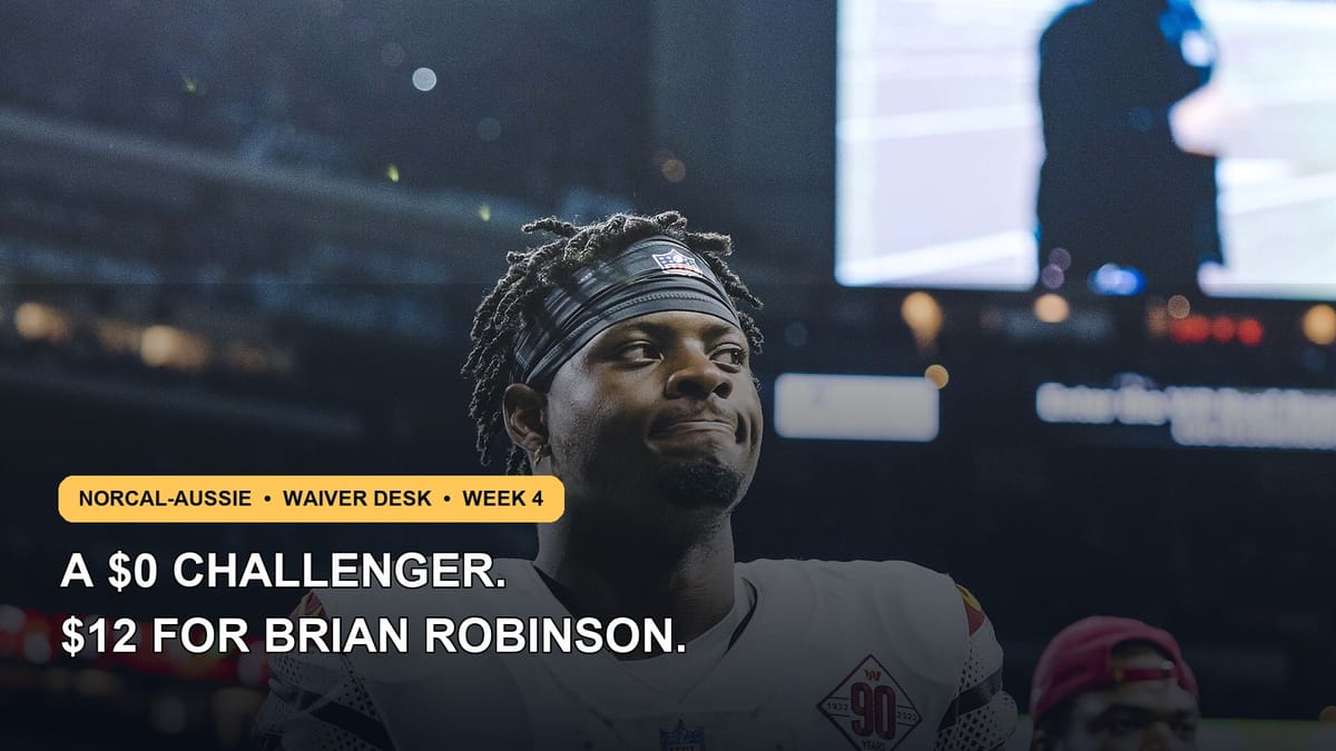 Brian Robinson Jr. in Washington uniform at a 2022 game, with a Week 4 waiver headline.