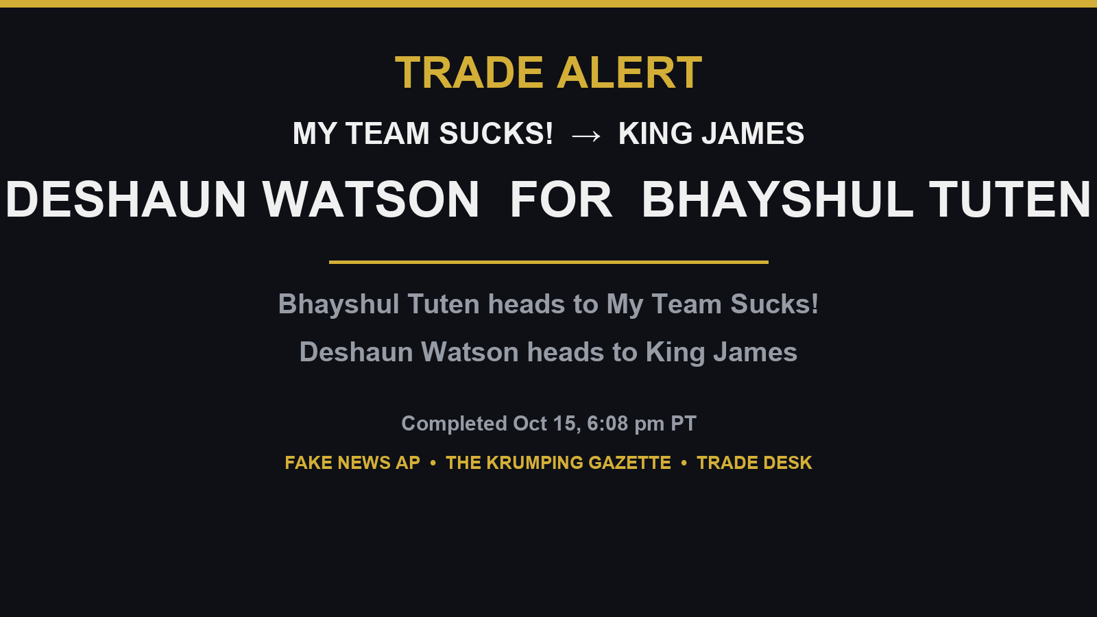 Dark trade-alert type card: Deshaun Watson for Bhayshul Tuten
