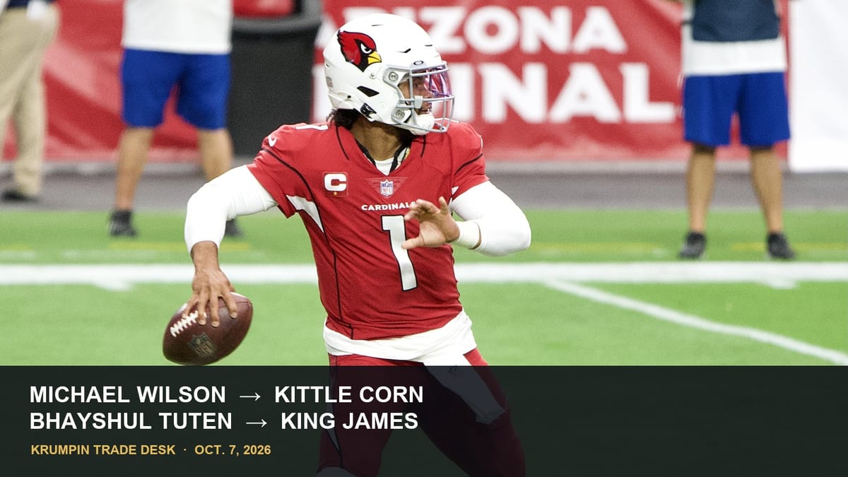 Kyler Murray winds up to pass in an archived Arizona Cardinals game; the feature image carries a headline identifying the Michael Wilson–Bhayshul Tuten trade.