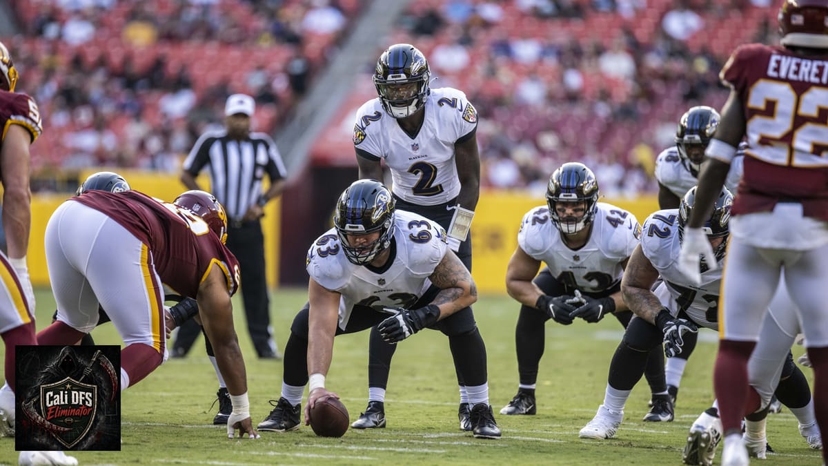 Tyler Huntley behind center in game action, with Cali DFS logo lower left