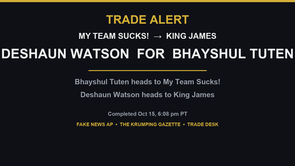 Dark trade-alert type card: Deshaun Watson for Bhayshul Tuten