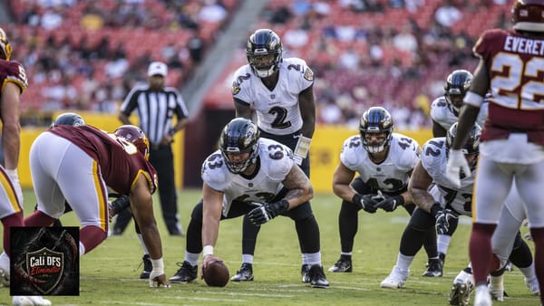 Tyler Huntley behind center in game action, with Cali DFS logo lower left